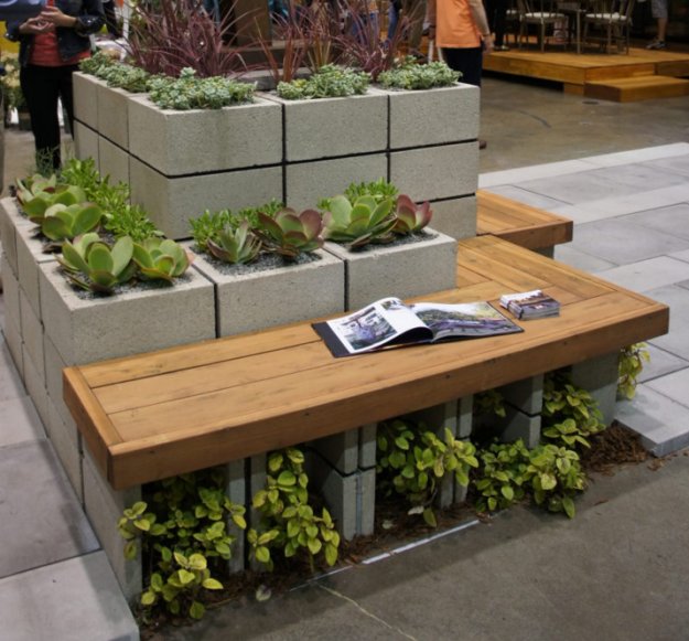 Planters and Bench|Concrete Block Hacks|See more at http://livingroomideas.com/concrete-block-hacks/