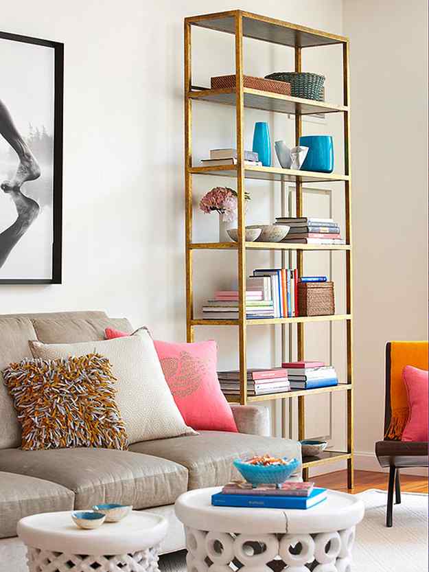Stack stuff high with a shelf stand | 10 Space-Saving Apartment Living Room Ideas